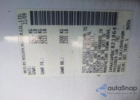 2010 Nissan Maxima 3.5 Sv z USA, uszkodzony, nr VIN 1N4AA5AP8AC821864